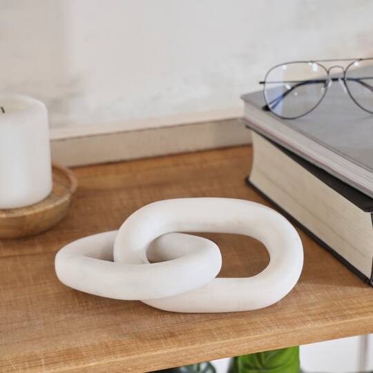 9" White Marble Geometric 2 Link Chain Sculpture Décor